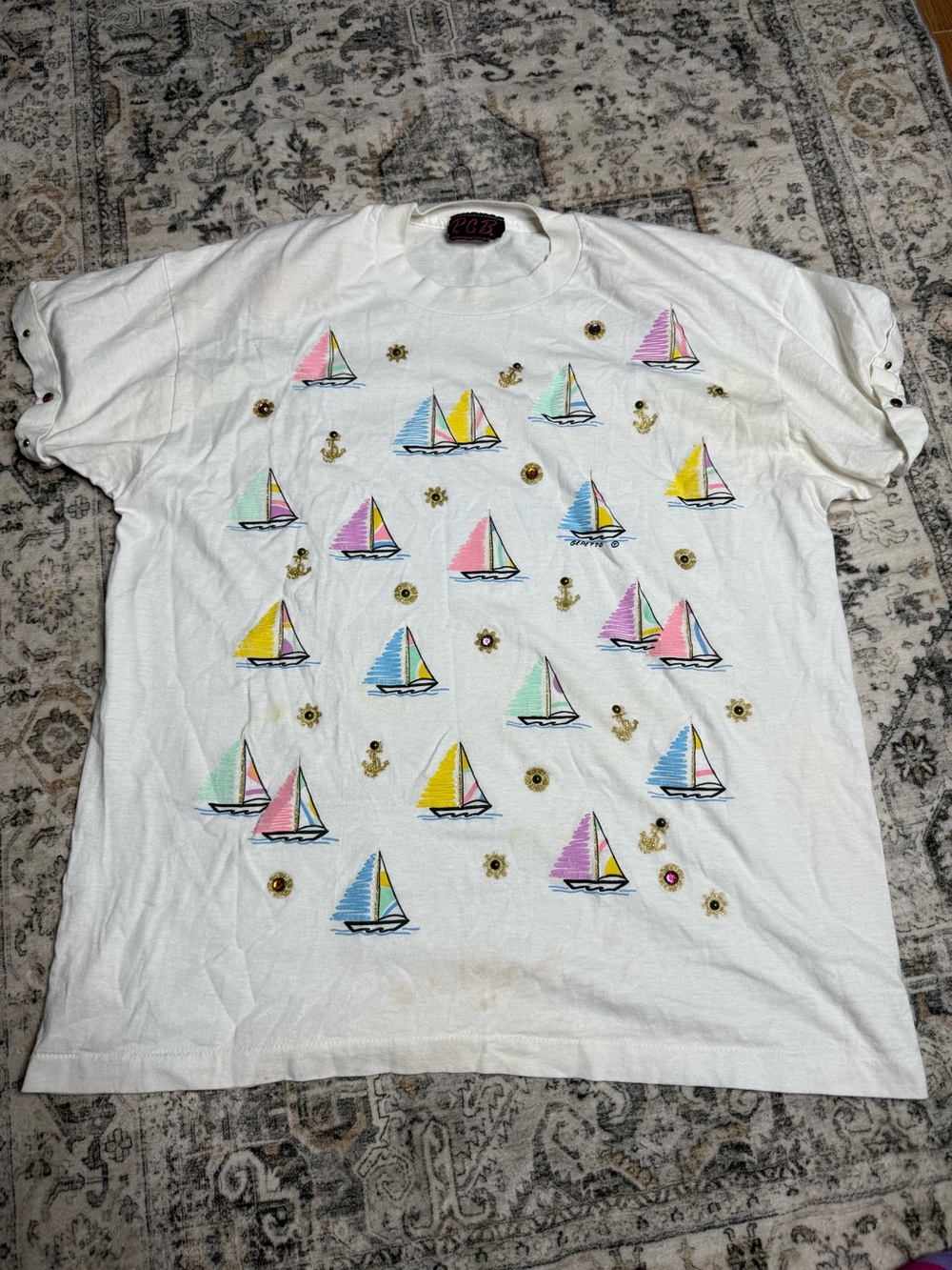 vintage white P.G.B. sailboat-print t-shirt from the 1980s or 1990s